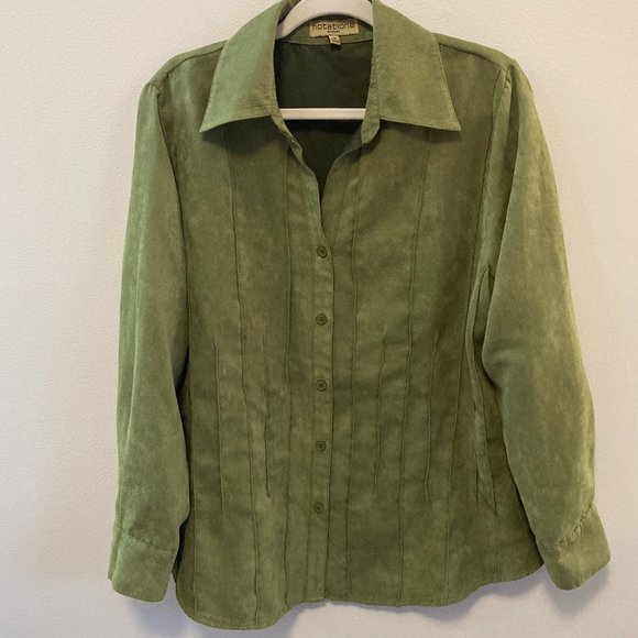 Button Up Shirt Notations Women's 1X Pin tuck Tunic Green Soft Grandma-core - Picture 1 of 9